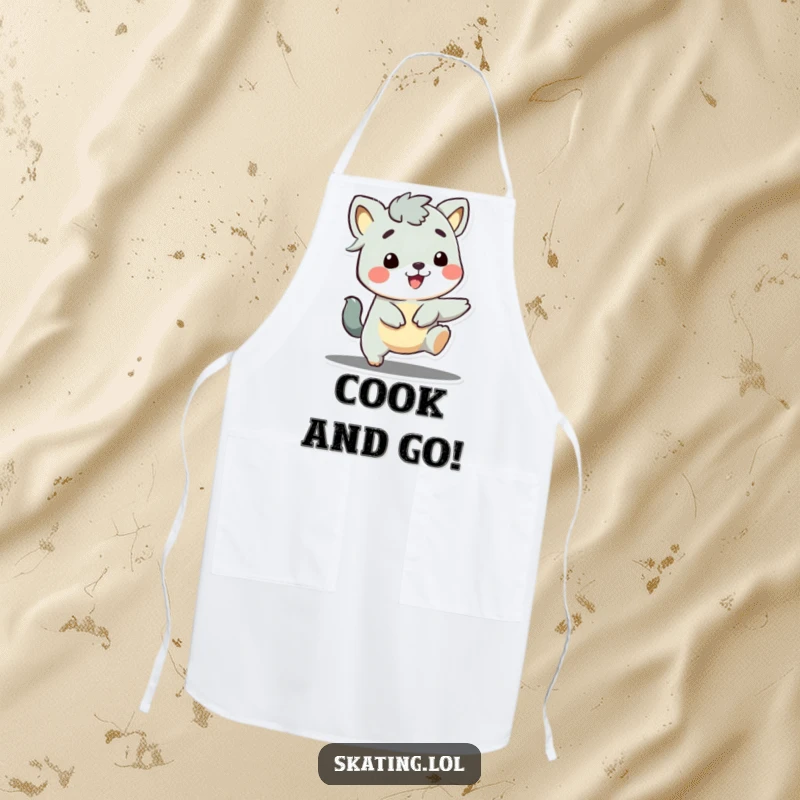 Funny kitchen apron with a cute animal character sporting a wide, joyful grin, ready to playfully start an activity.