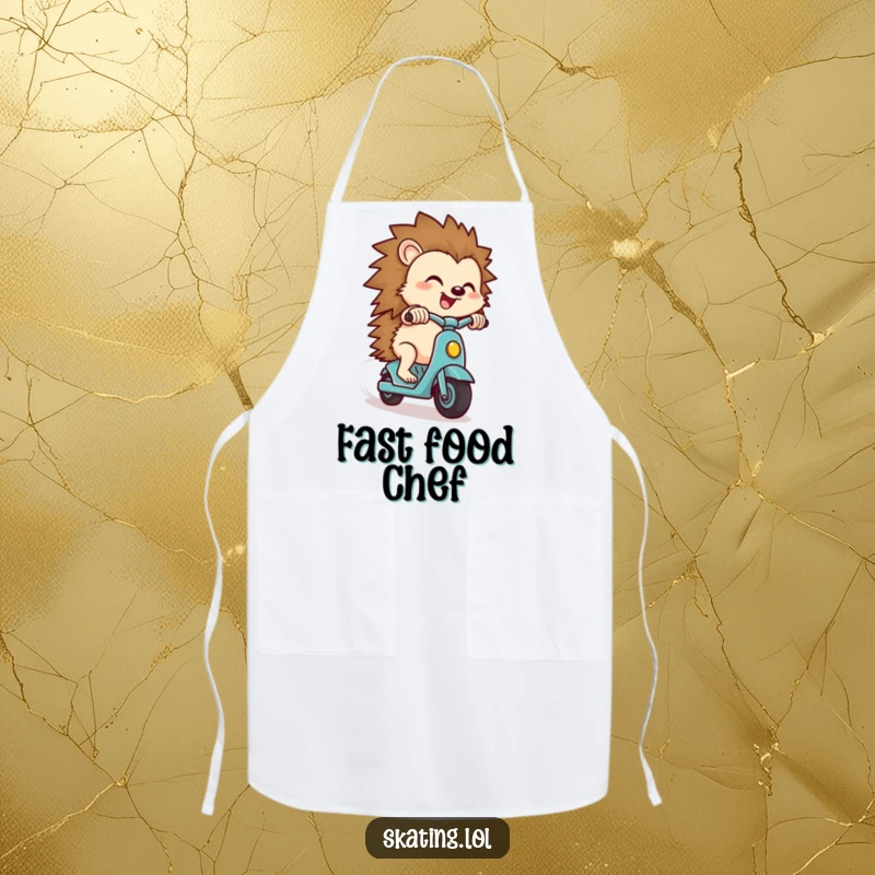 Funny hedgehog apron, a small hedgehog character zipping downhill on a scooter with a look of pure delight, adding fun.