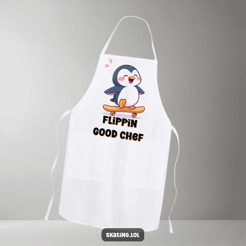 Funny penguin character wearing an apron, skateboarding sideways with a happy sigh, perfect for a humorous kitchen apron.
