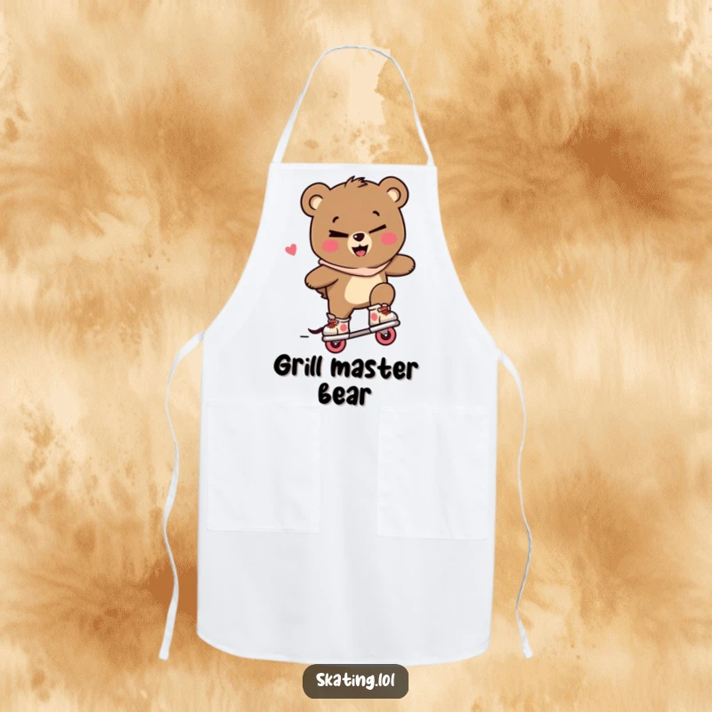 Funny bear apron, a bear character winking and performing a trick on inline skates with a mischievous smile, adding fun.