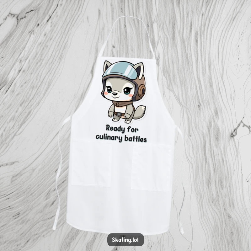 Funny apron with a determined animal wearing a helmet, ready for kitchen duty with a humorous, brave attitude.