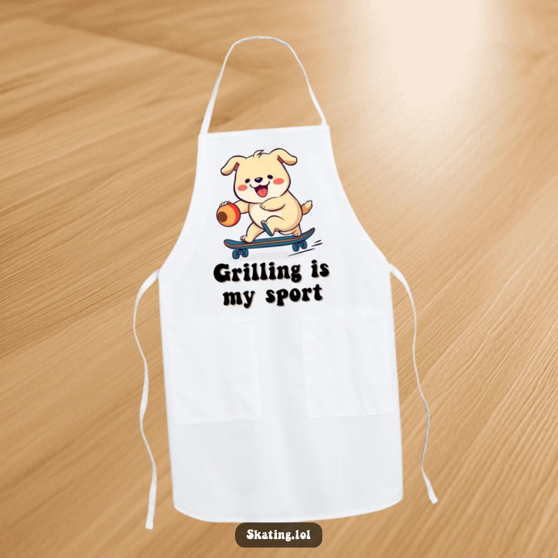 Funny dog character wearing an apron, skateboarding while chasing a ball, perfect for a humorous kitchen apron.