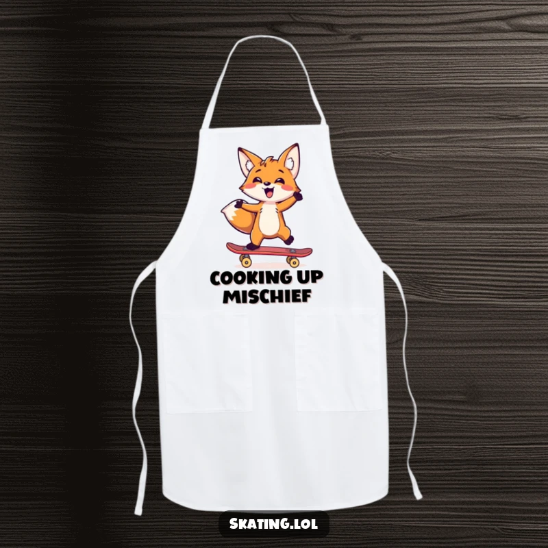 Funny fox wearing an apron, balancing on a skateboard with one paw, humorous kitchen accessory and gift.