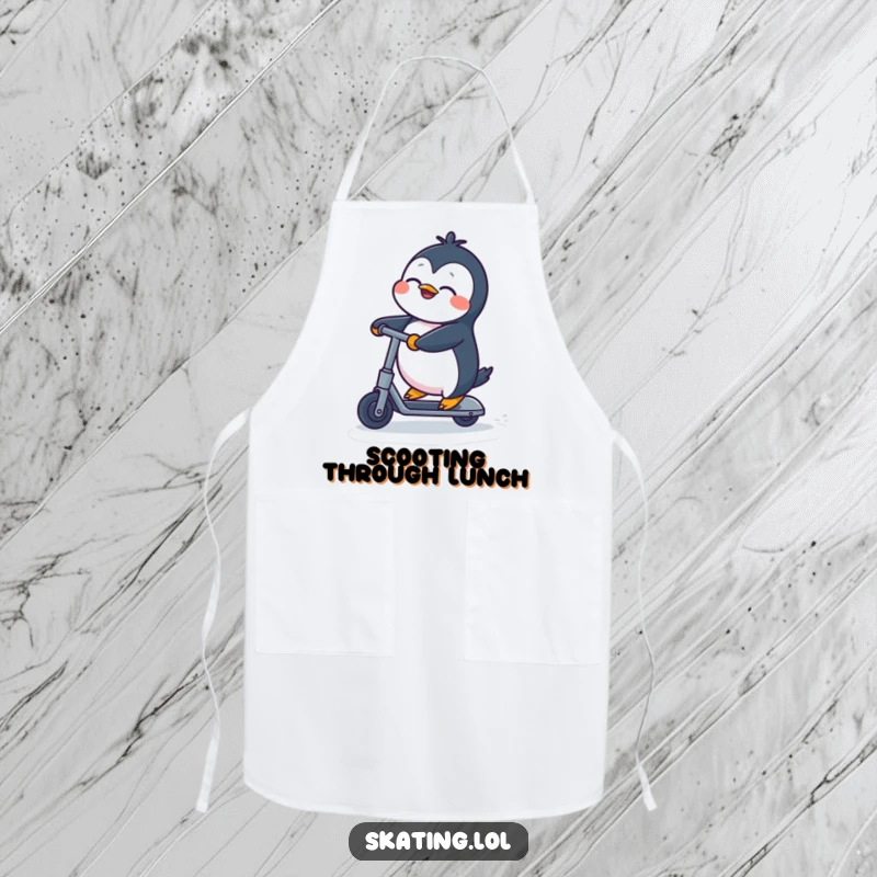 Funny Penguin Apron: A penguin comically riding a kick scooter with closed eyes, perfect funny gift for chefs.