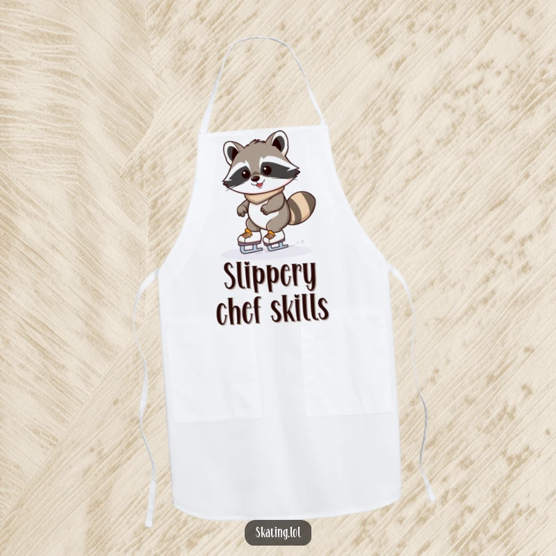 Funny raccoon apron with a determinedly grinning kawaii raccoon wobbling on ice skates; humorous kitchen accessory.
