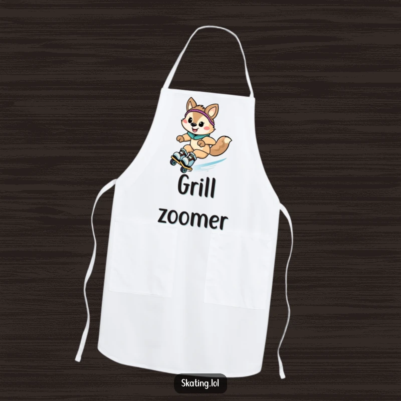 Funny animal character zooming downhill on rollerblades with a grin while wearing an apron, for comedic kitchen tasks.