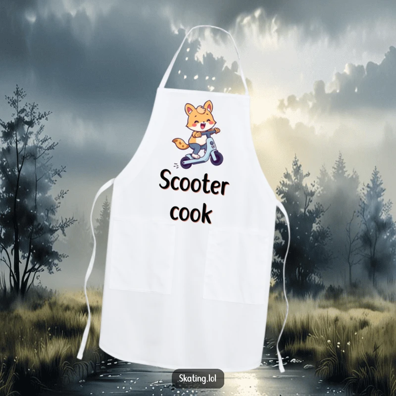 Cute animal character performing a scooter trick while wearing an apron, designed for comedic kitchen tasks and protection.