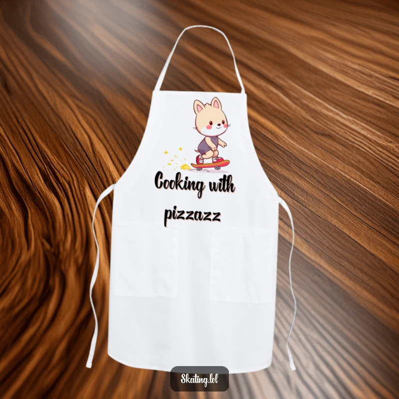 Funny apron with an animal character skating and leaving a trail of happy sparks, perfect for kitchen humor and energetic vibes.