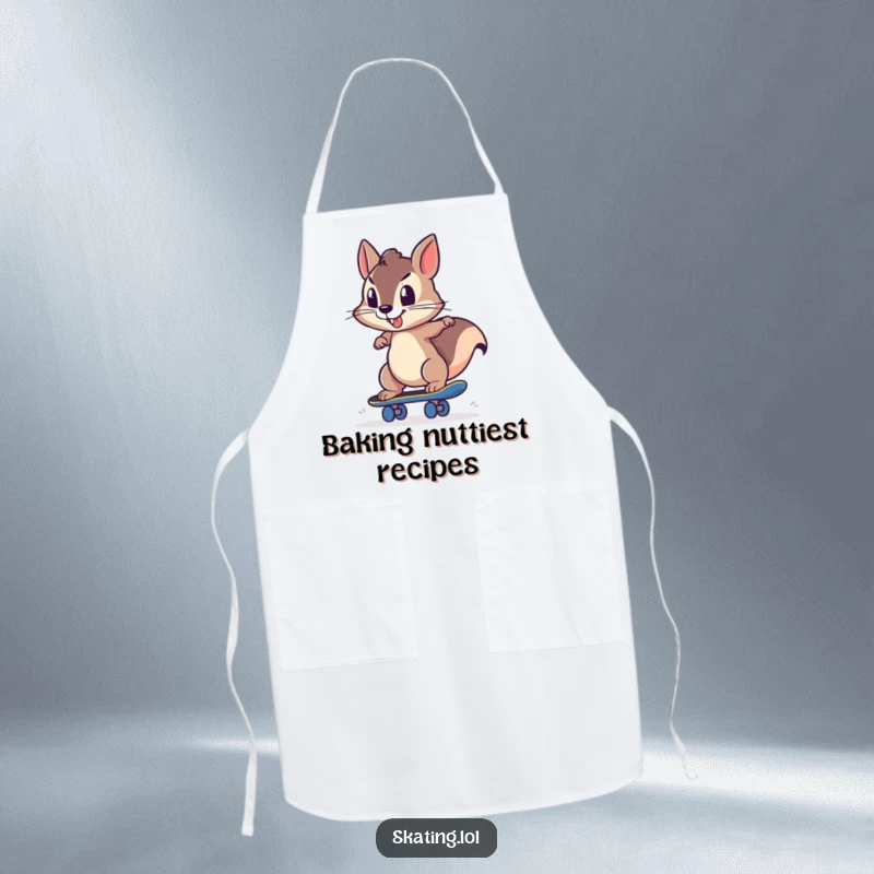 Funny squirrel character wearing an apron, skateboarding with a determined push, perfect for a humorous kitchen apron.