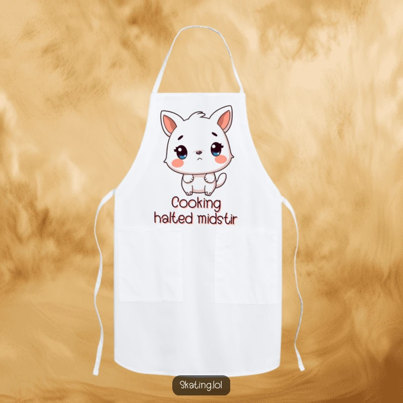 Funny apron showing a startled animal character reacting to a sudden, abrupt stop, perfect for kitchen humor and surprise themes.