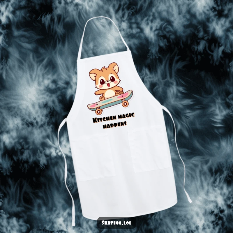 Funny apron showing a playful animal character's surprised face as their skateboard performs a trick, a humorous kitchen accessory.