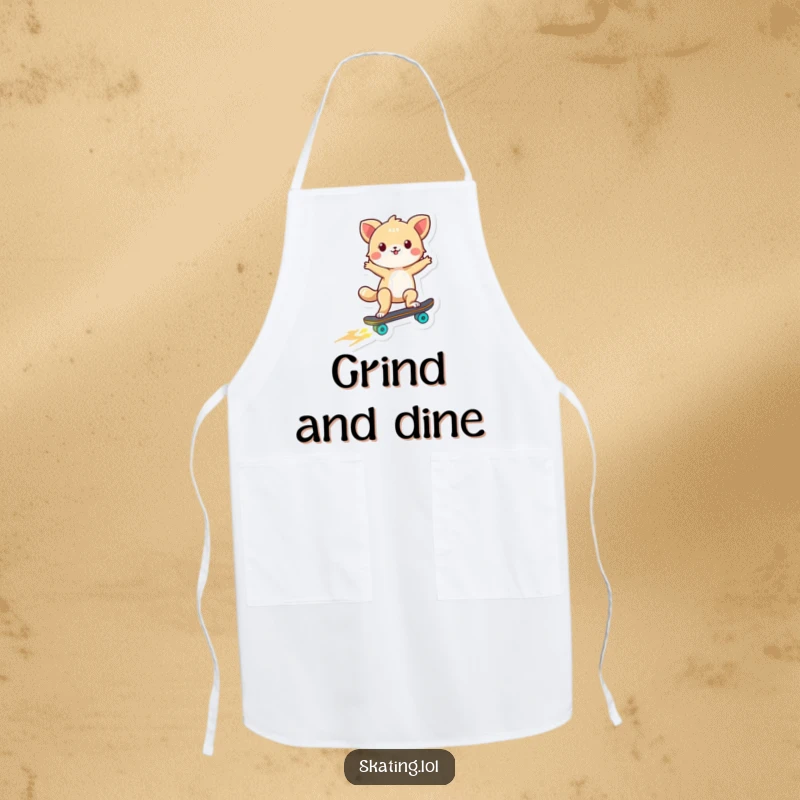 Funny kitchen apron featuring a tiny animal skillfully skateboarding with wheels that glow, adding a humorous vibe to cooking.