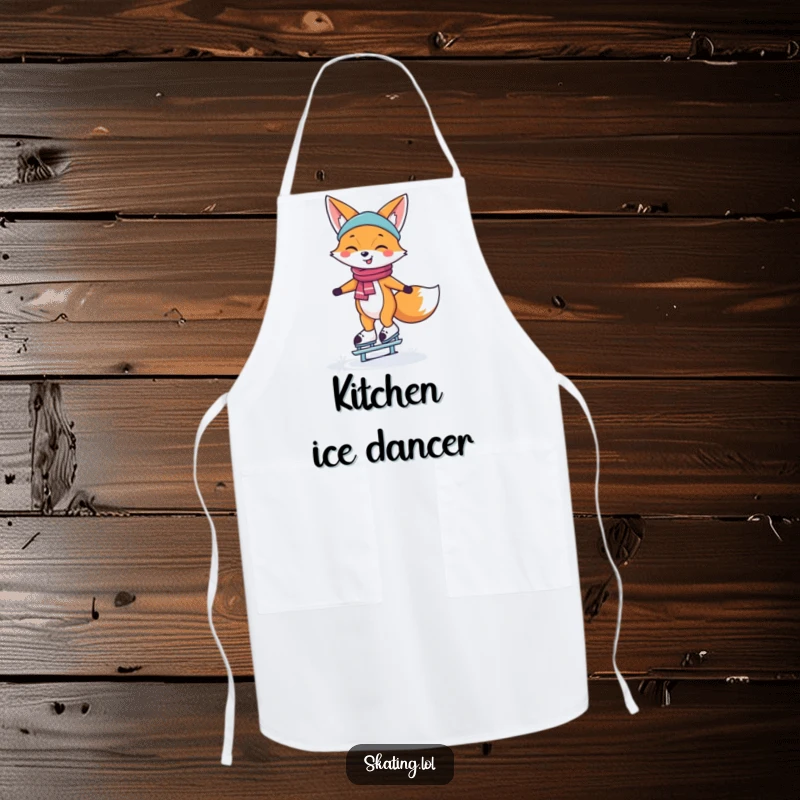 Funny Apron with a happy, smiling fox character balancing on ice skates, ready for kitchen tasks.