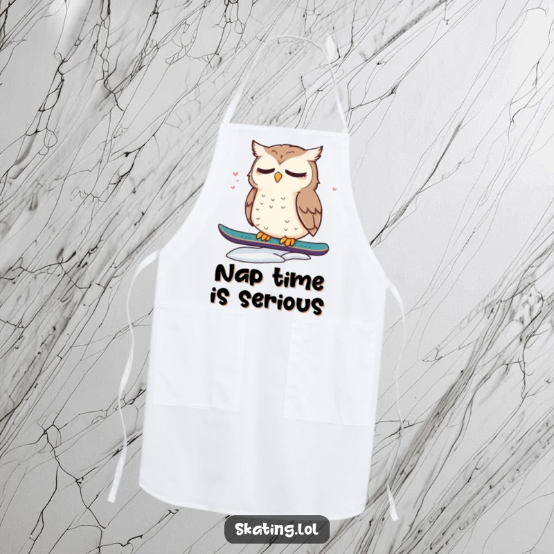 Funny apron featuring a cute, dazed owl resting on a snowboard, ideal for the relaxed chef who enjoys winter vibes.
