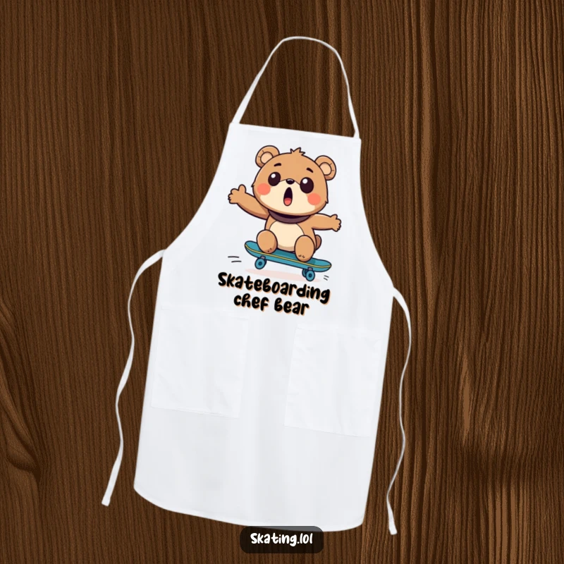 Funny Bear Skateboarder Apron: A delighted bear skates, ready to tackle any culinary challenge with a smile.