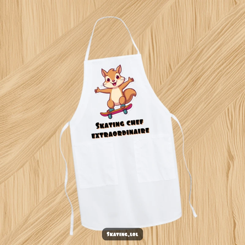 Funny squirrel confidently performing a skate trick, printed on a durable apron for kitchen fun.