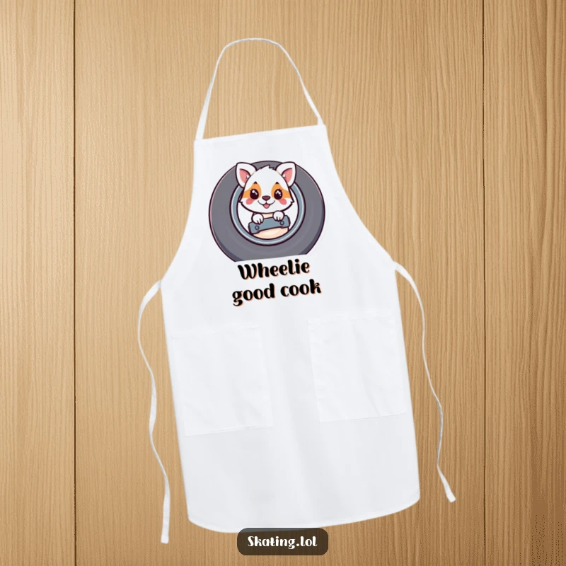Funny kitchen apron with a whimsical animal character peeking playfully from behind a large skateboard wheel, adding humor.