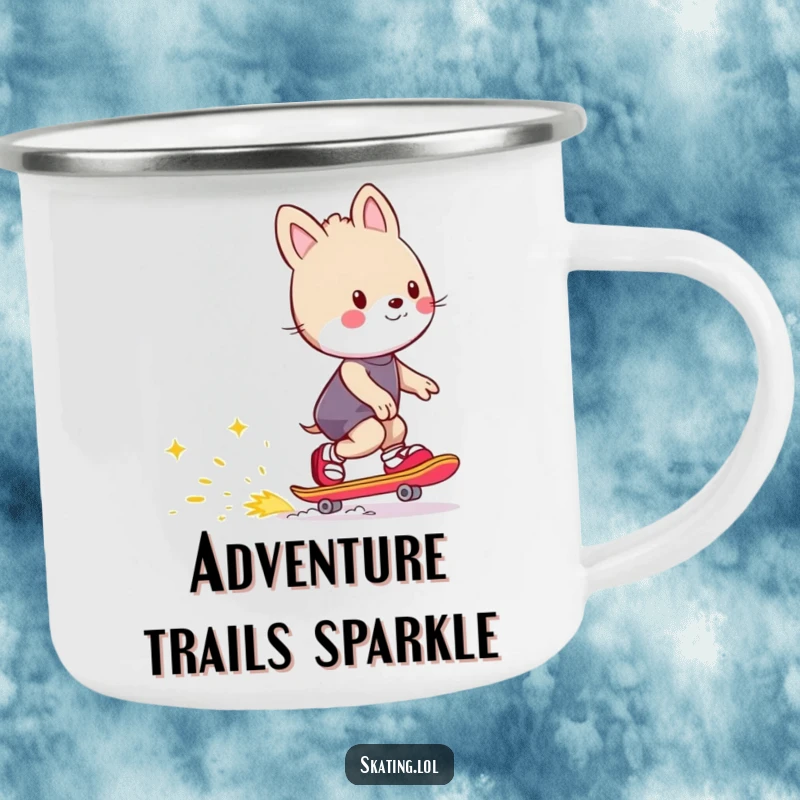 Funny camping mug featuring an animal character skating with a trail of happy sparks, perfect for outdoor fun and energetic humor.