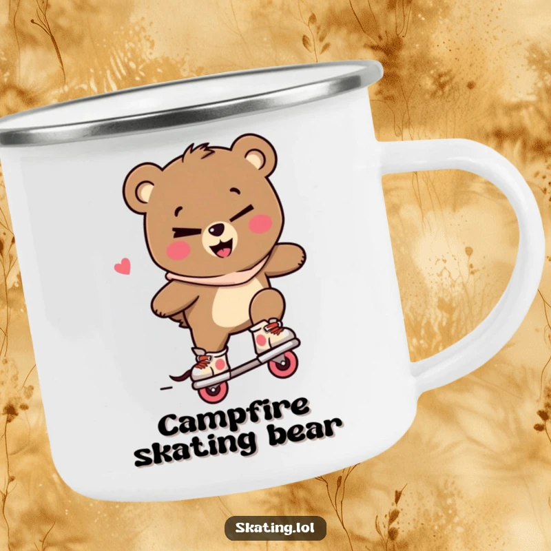 Funny bear camping mug, a bear character winking and performing a trick on inline skates with a mischievous smile, for outdoor fun.
