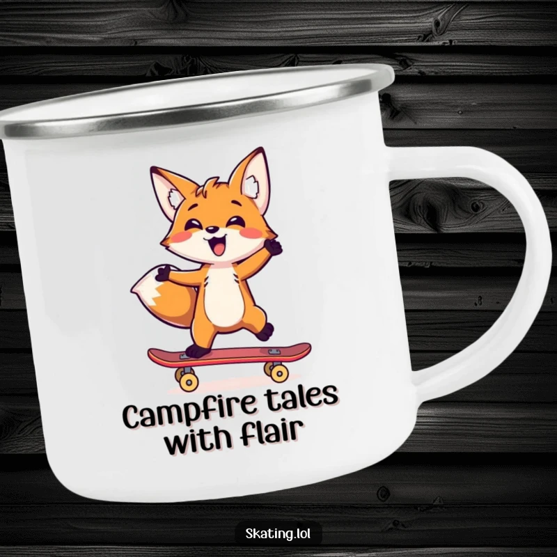 Funny fox balancing on a skateboard with one paw, printed on a durable camping mug.