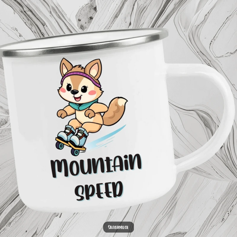 Funny animal character zooming downhill on rollerblades with a grin on a durable camping mug, for humorous outdoor enjoyment.