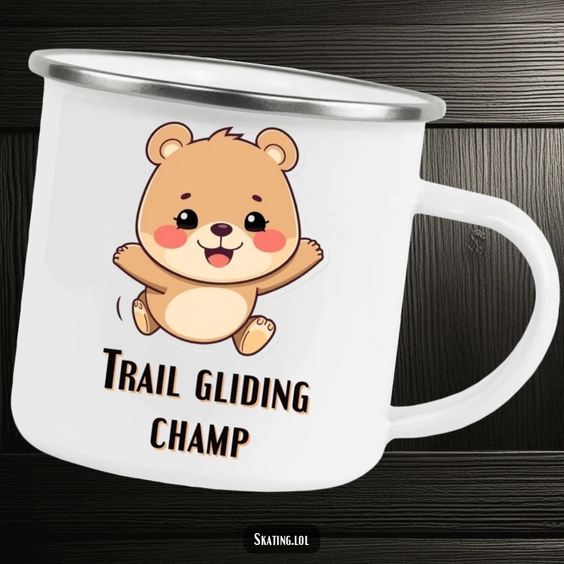 Funny camping mug with a happy bear, determined grin, gliding smoothly, ready for outdoor adventures with cheerful resolve.