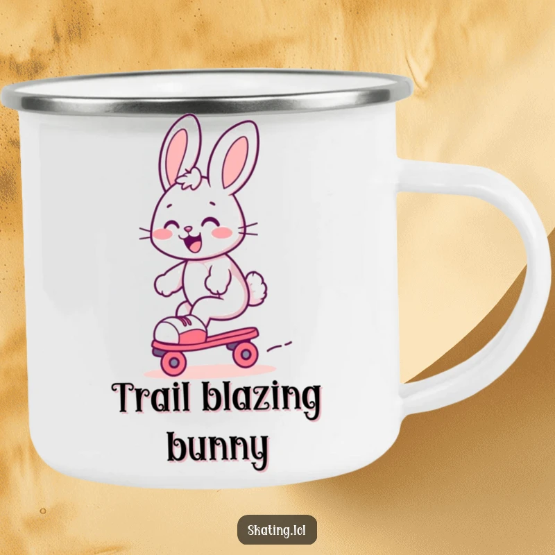 Funny bunny camping mug, a cute bunny gleefully gliding on roller skates with a joyful expression, ready for adventure.