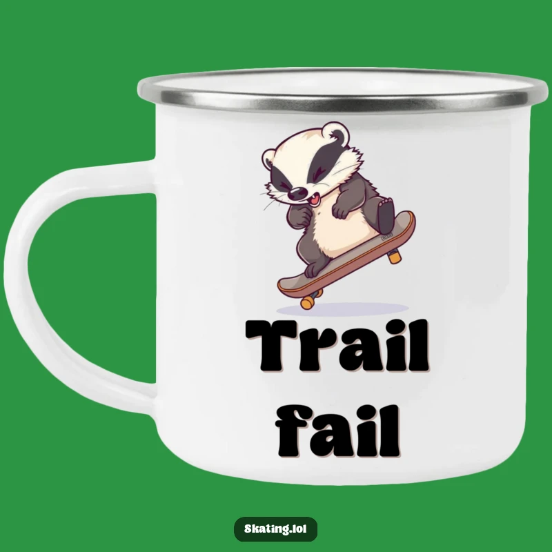 Funny Clumsy Badger Camping Mug: Adventure with Hilarious Skateboard Fails