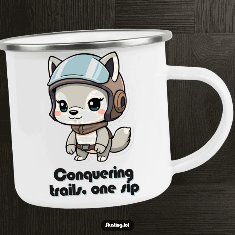 Funny camping mug with a determined animal wearing a helmet, perfect for hot beverages during outdoor adventures with a humorous touch.