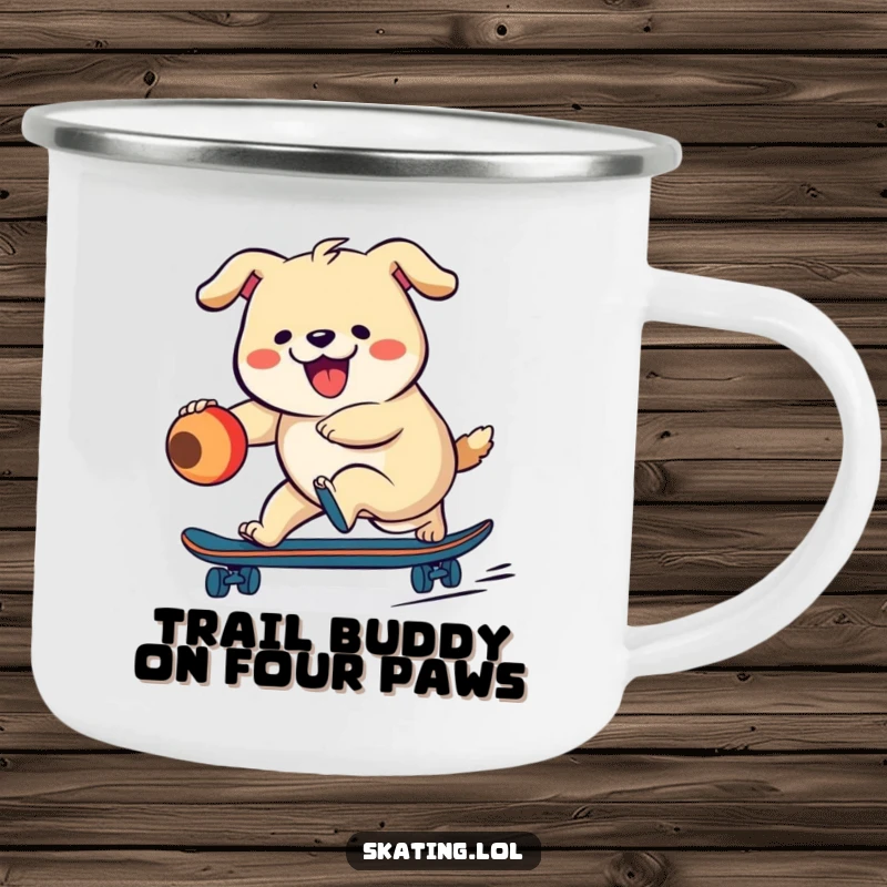 Funny dog character skateboarding while chasing a ball on a trail, depicted on a humorous camping mug.