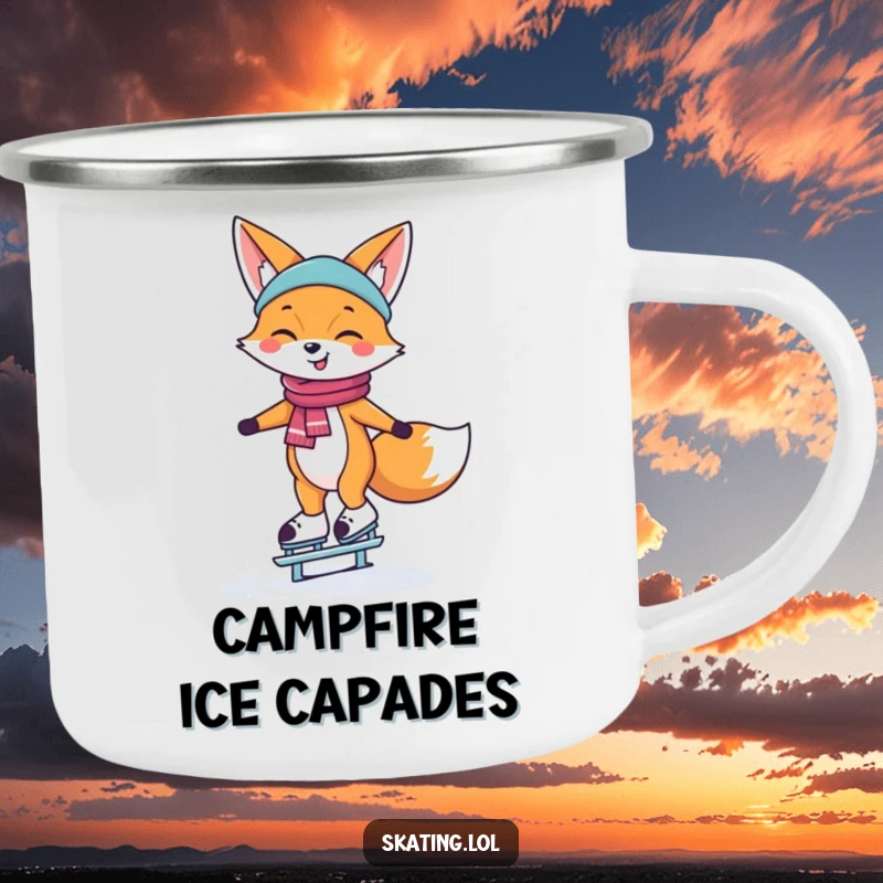 Funny Camping Mug with a happy fox character smiling and balancing on ice skates, ideal for enjoying drinks outdoors.