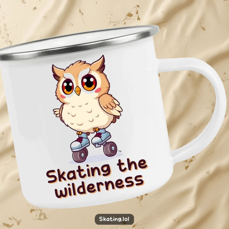 Funny camping mug with a surprised owl wobbling on tiny roller skates, ready for outdoor fun with a comical wobble.
