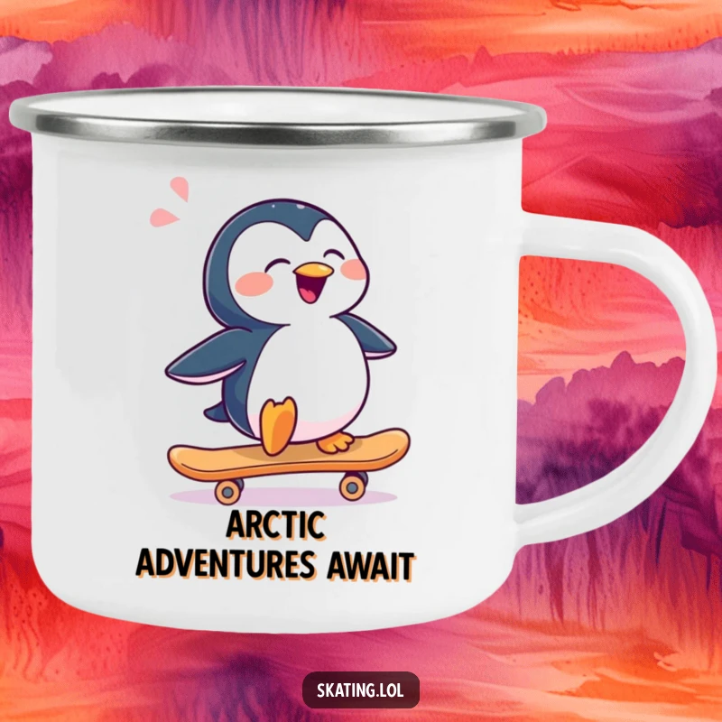 Funny penguin character sliding sideways on a skateboard on a trail, depicted on a humorous camping mug.