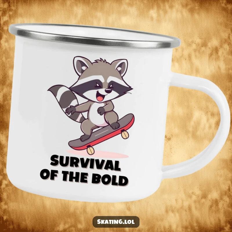 Funny raccoon character wobbling on a skateboard on a trail, designed for a humorous and durable camping mug.