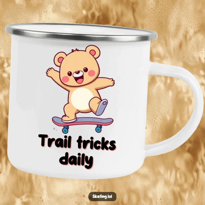 Funny Camping Mug with a cheerful bear character performing a skateboard jump, perfect for enjoying drinks outdoors.