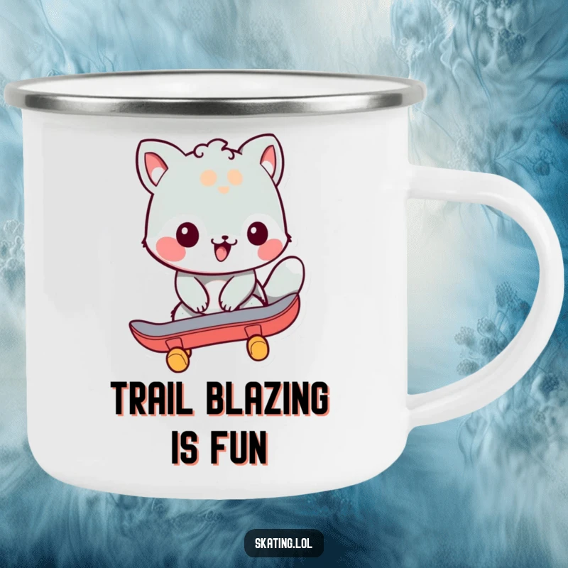Funny camping mug with a friendly animal character pushing off with a skateboard, perfect for outdoor enthusiasts and skating humor.