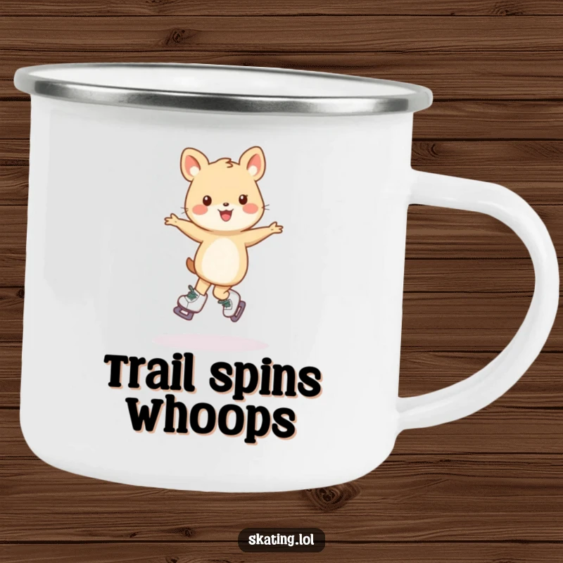 Funny camping mug showing a small animal character's wobbly pirouette on skates, perfect for outdoor drinks and humorous cheer.