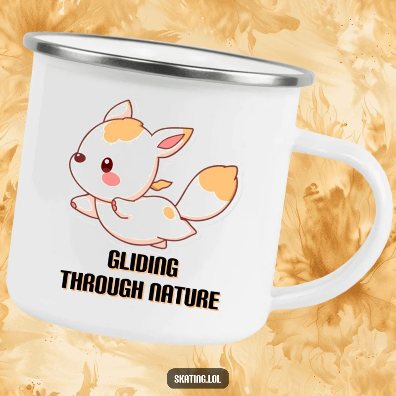 Funny camping mug with a bouncing animal character gliding smoothly, perfect for drinks during outdoor trips with a humorous, elegant design.