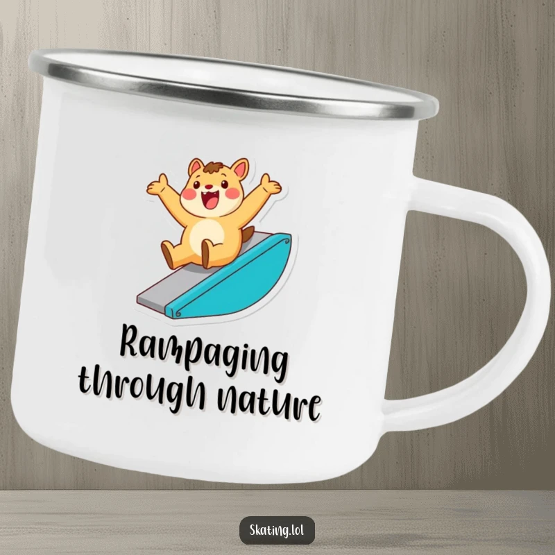 Funny camping mug with an enthusiastic animal character sliding down a ramp with a triumphant flourish, designed for outdoor enjoyment.