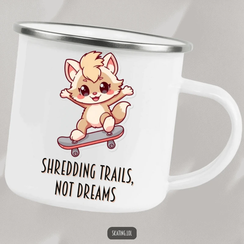 Funny Camping Mug: A furry character with a determined smirk performs a kickflip on a skateboard, ready for the trail.