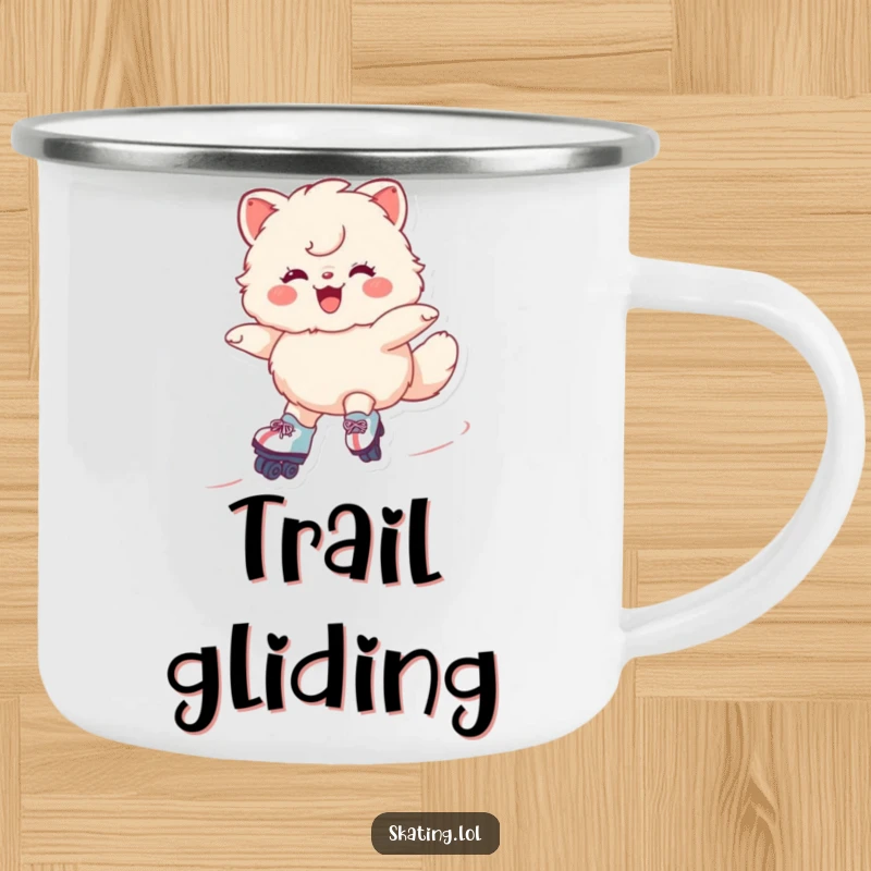 Funny Roller Skate Trail Mug with a grinning fluffy character gliding on skates, perfect for outdoor adventures and hot beverages humorously.