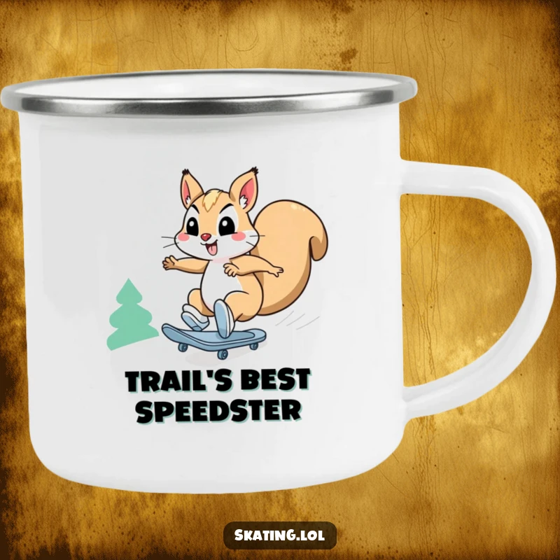 Funny squirrel camping mug: a happy squirrel character comically skates downhill at breakneck speed, for outdoor use.