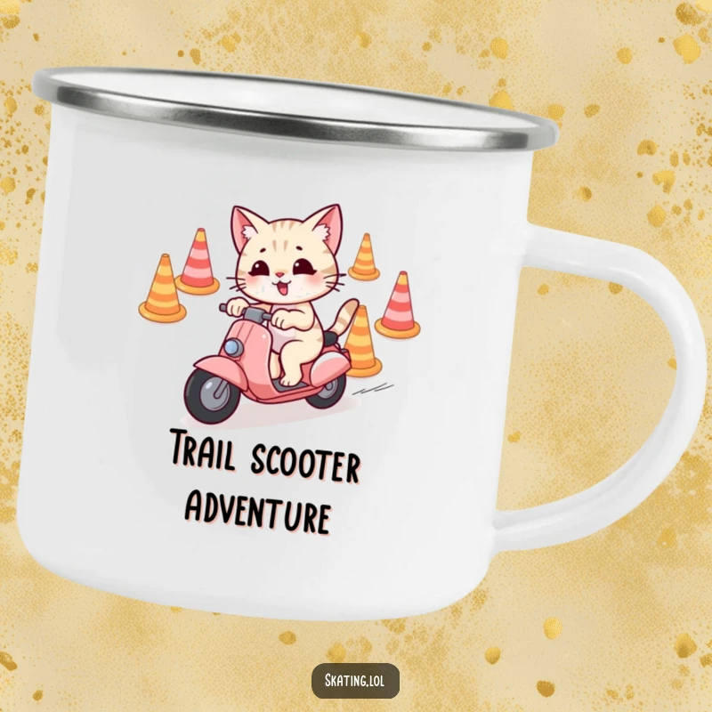 Funny Camping Mug with a playful cat character weaving through cones on a scooter, perfect for enjoying drinks outdoors.