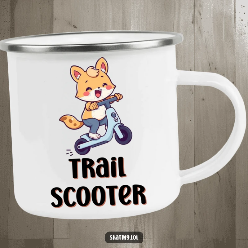 Cute animal character performing a trick on a scooter on a durable camping mug, ideal for humorous outdoor enjoyment.