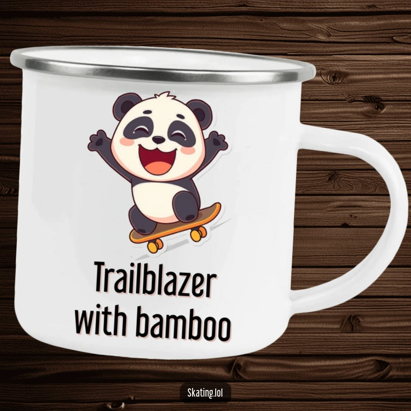 Funny panda skateboarding downhill with a grin, printed on a durable camping mug.