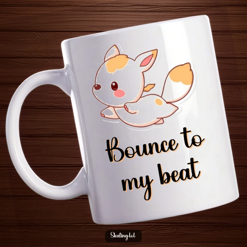 Funny mug with a bouncing animal character skillfully gliding with elegance and a cheerful, humorous expression.