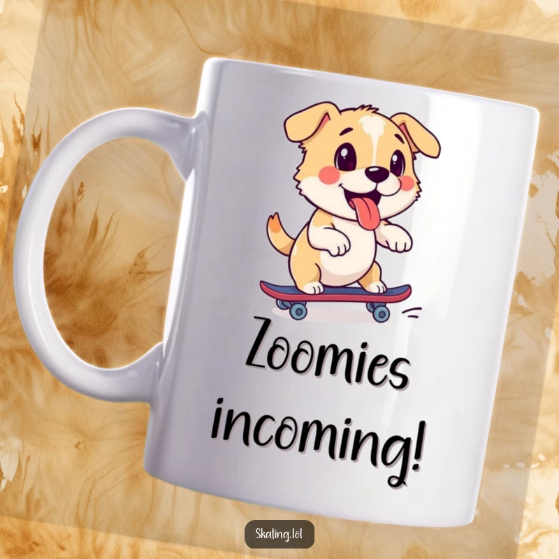 Funny dog mug with a playful pup enthusiastically pushing off on one roller skate, embodying pure joy and energetic movement.