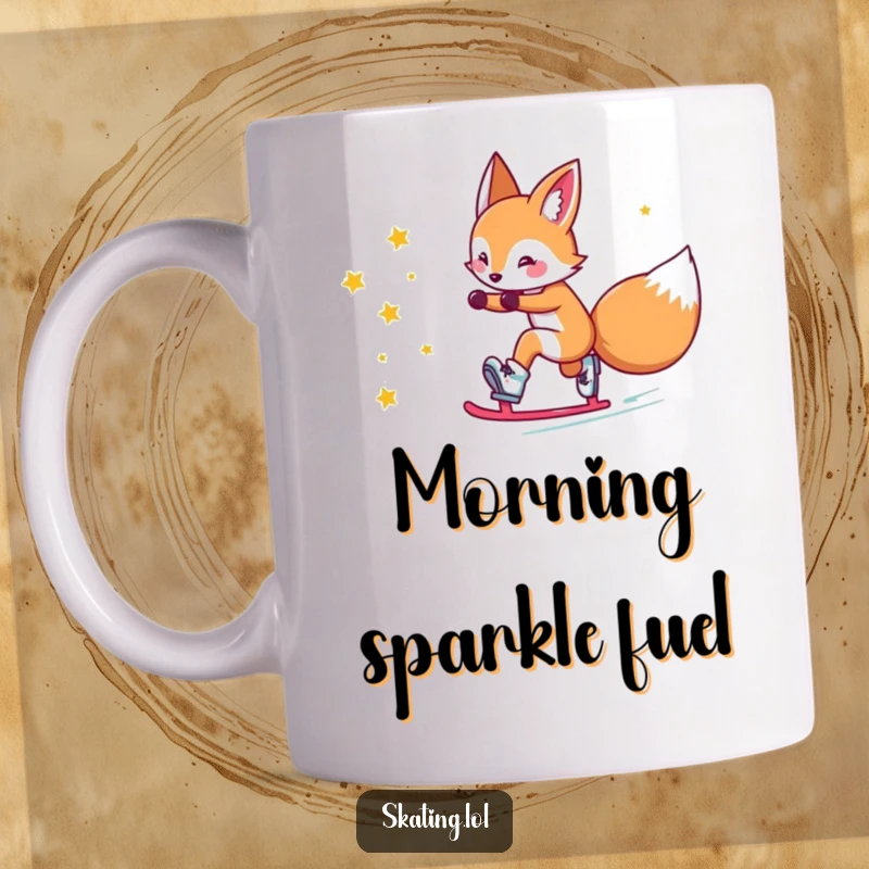 Funny fox mug: a cute fox character comically slides on roller skates, leaving a sparkling trail of stars behind.