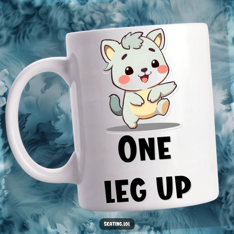 Funny ceramic mug with an adorable animal character pushing off with one leg, sporting a wide, happy grin.