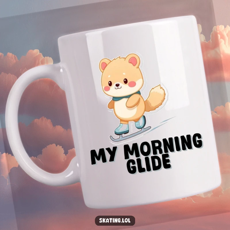 Funny fuzzy animal character gracefully gliding on ice skates, captured on a ceramic mug for ultimate morning amusement.